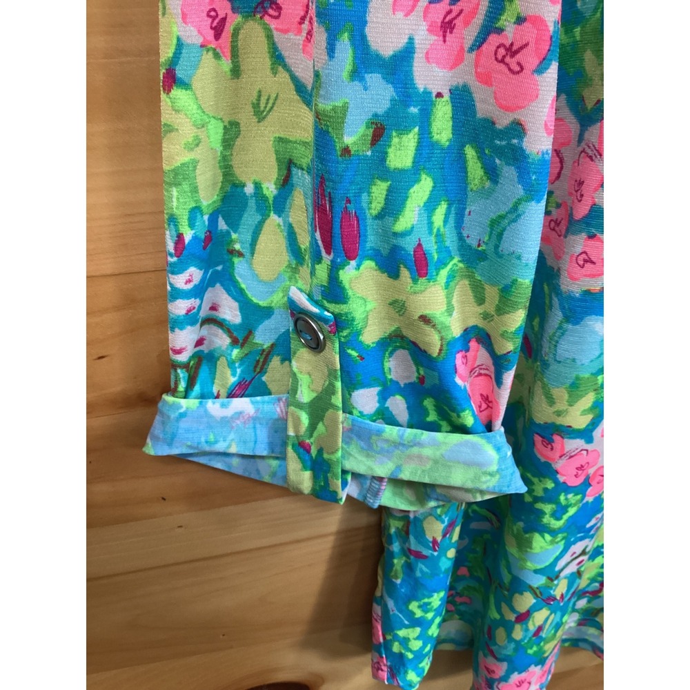 Dear Scarlett Lizzy-56 Floral V-Neck Roll Tab Sleeve Blouse Blue Pink Green L - Picture 5 of 7